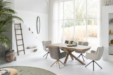 [na zamówienie] Fotel obrotowy JUNA z funkcją relax, tkanina Livigno chenille kremowy, rama dąb naturalny