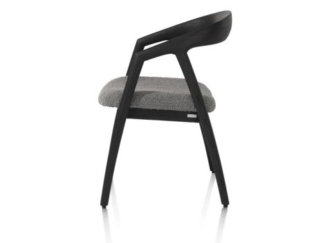 [na zmówienie] Krzesło z podłokietnikami DANTE, szara tkanina bouclé, nogi z litego dębu w kolorze antracytu