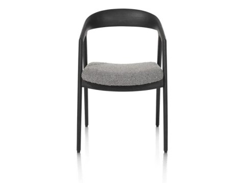 [na zmówienie] Krzesło z podłokietnikami DANTE, szara tkanina bouclé, nogi z litego dębu w kolorze antracytu