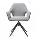 Designerski fotel obrotowy do jadalni INAYA XOOON, tapicerowany tkaniną bouclé Malmo i Pala, z czarną metalową podstawą