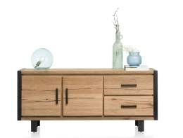 (K) Komoda BROOKLYN 180 cm, 2 drzwi, 2 szuflady, fornir dębowy Railway Brown, czarny metal