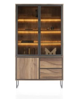 (K, defekt) Wysoka witryna industrialna TRAPANI 120x210 cm, fornir mango 'smoked', z oświetleniem LED.