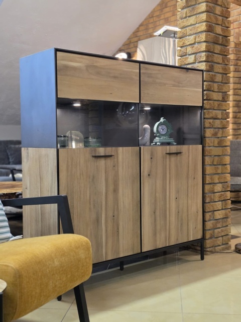 Kredens/Witryna Niska Lugal 125 cm Habufa (Tramwood Smoke, 2-drzwiowa, przeszklona)