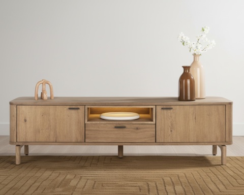 Szafka RTV ZADE 210 cm, fornir dębowy Dune, 2 drzwi, 1 szuflada, 1 nisza LED