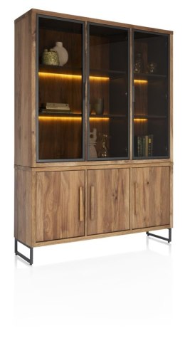 Witryna/Kredens EVEREST 150 cm, 3 szklane drzwi LED, 3 pełne drzwi soft-closing, fornir z dymionego drzewa mango