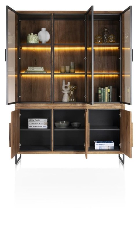 Witryna/Kredens EVEREST 150 cm, 3 szklane drzwi LED, 3 pełne drzwi soft-closing, fornir z dymionego drzewa mango