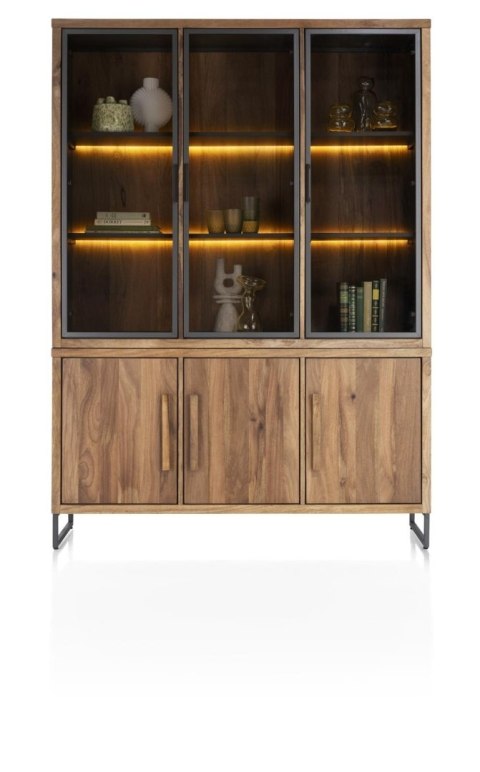 Witryna/Kredens EVEREST 150 cm, 3 szklane drzwi LED, 3 pełne drzwi soft-closing, fornir z dymionego drzewa mango