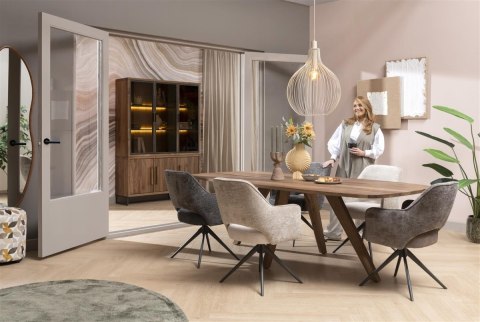 Witryna/Kredens EVEREST 150 cm, 3 szklane drzwi LED, 3 pełne drzwi soft-closing, fornir z dymionego drzewa mango