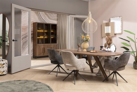 Witryna/Kredens EVEREST 150 cm, 3 szklane drzwi LED, 3 pełne drzwi soft-closing, fornir z dymionego drzewa mango