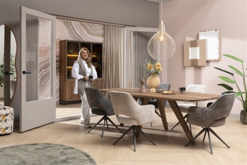 Witryna/Kredens EVEREST 150 cm, 3 szklane drzwi LED, 3 pełne drzwi soft-closing, fornir z dymionego drzewa mango