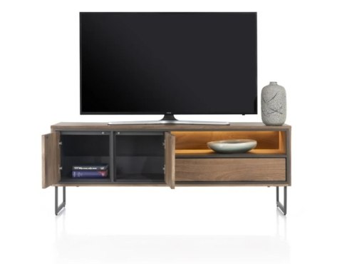 (M) Nowoczesna szafka RTV Trapani Henders & Hazel 160 cm, fornir mango smoked, z oświetleniem LED