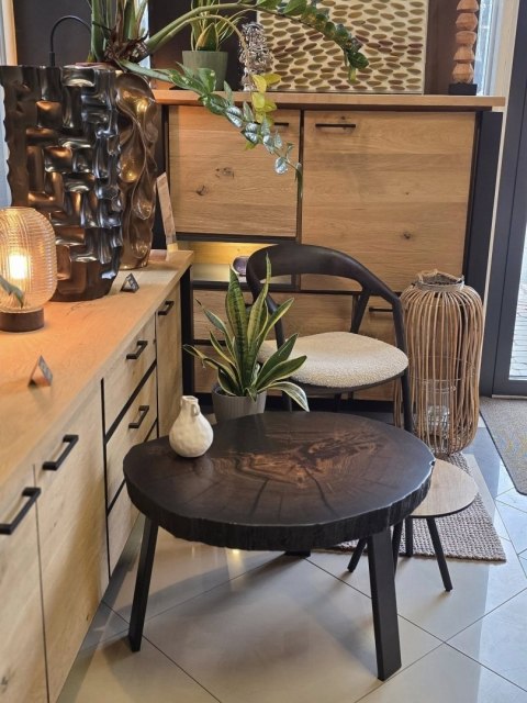 Stolik Kawowy z plastra (2) HAGAN z Nieregularnym Blatem Dąb Czarny / Czarne Metalowe Nogi