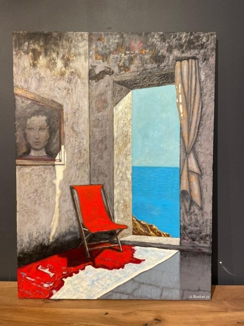Obraz Ręcznie Malowany "Nadmorska Cisza" - Wnętrze z Czerwonym Krzesłem 103,5x140 cm
