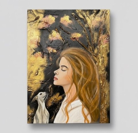 Obraz Ręcznie Malowany "Złota Więź" - Kobieta z Psem 55x75 cm