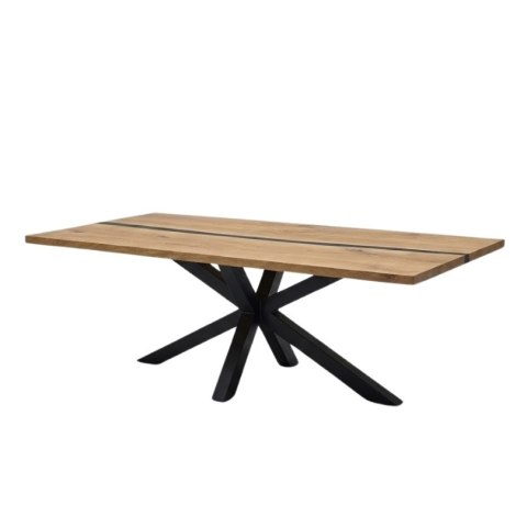 Stół dębowy z rzekami żywicy 'RIVER' 210x100 cm, blat lity dąb, nogi metalowe czarne