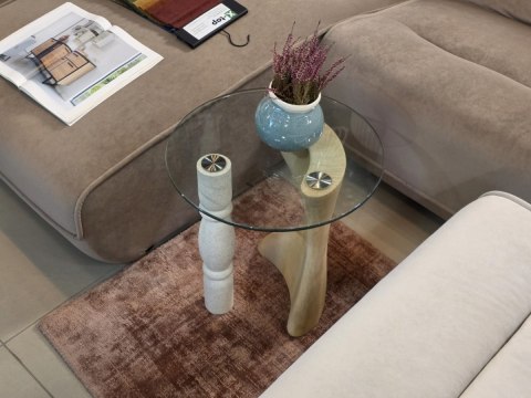 Stolik Boczny/Pomocniczy ANNA Coco Maison, Szklany Blat, Podstawa Rzeźbiarska Polyresin, Kolor Biały/Naturalny