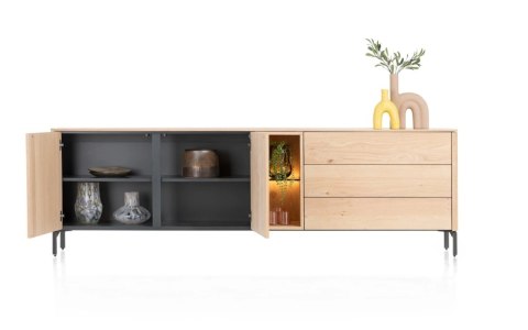 Komoda TRENTON 240 cm z naturalnego forniru dębowego, metalowa podstawa, 2 drzwi, 3 szuflady, 2 nisze LED