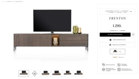 Nowoczesna szafka RTV TRENTON 240 cm, fornir dębowy w kolorze clay, na metalowych nogach lub cokole, z oświetleniem LED.