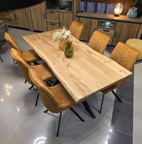 Stół do Jadalni OAKLAND 190x90 cm, Blat Lity Dąb (Live Edge), Noga Metalowa Pająk