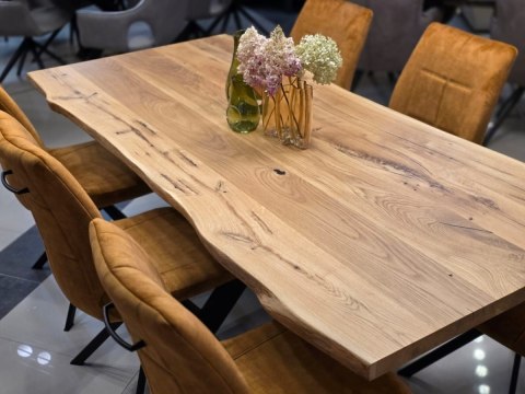 Stół do Jadalni OAKLAND 190x90 cm, Blat Lity Dąb (Live Edge), Noga Metalowa Pająk