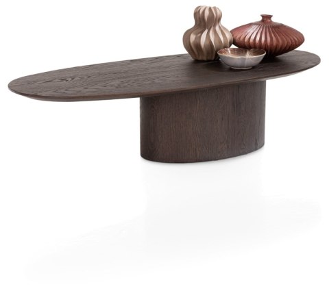 [na zamówienie] Stolik Kawowy TRENTON 80x51 cm, Fornir Dębowy Kolor Clay, Kształt Organiczny, Centralna Noga Stożkowa