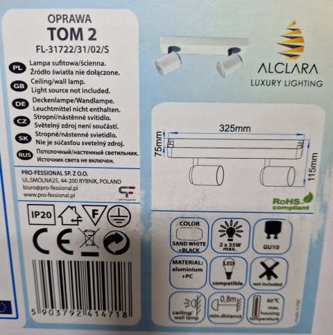 Lampa przysufitowa TOM Alclara aluminium biały mat Lampa przysufitowa TOM Alclara aluminium biały mat