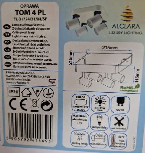 Lampa przysufitowa TOM Alclara aluminium biały mat Lampa przysufitowa TOM Alclara aluminium biały mat