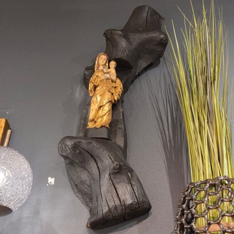Monumentalna Rzeźba Ścienna Madonna - 100 cm | Czarne Drewno i Złoto