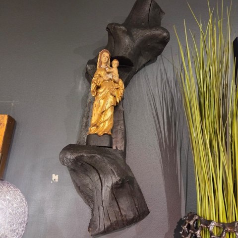 Monumentalna Rzeźba Ścienna Madonna - 100 cm | Czarne Drewno i Złoto