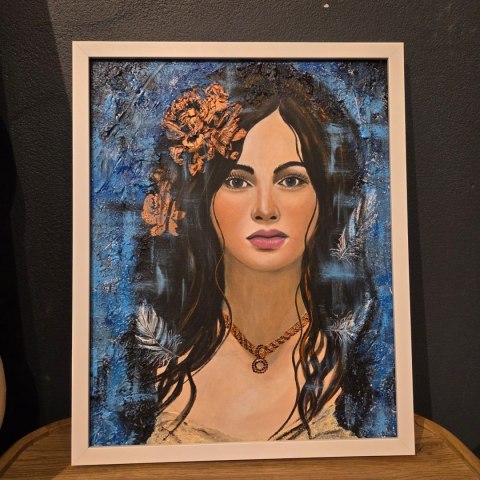 Obraz Ręcznie Malowany "Biały Anioł (Niebiański Spokój)" - Technika Mieszana na Sklejce [42x52 cm]