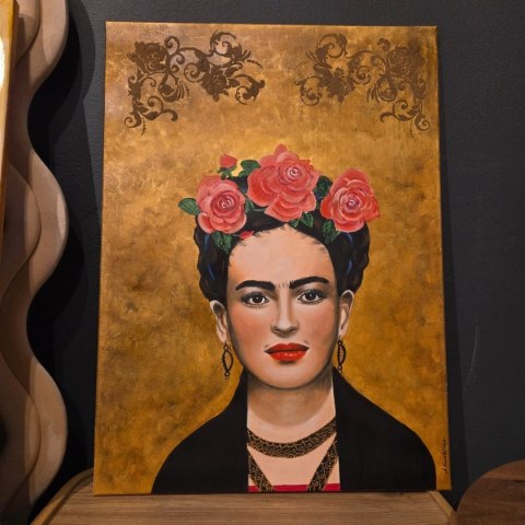 Obraz Ręcznie Malowany "Frida - Złota Pasja" - Akryl na Sklejce [55x75 cm]