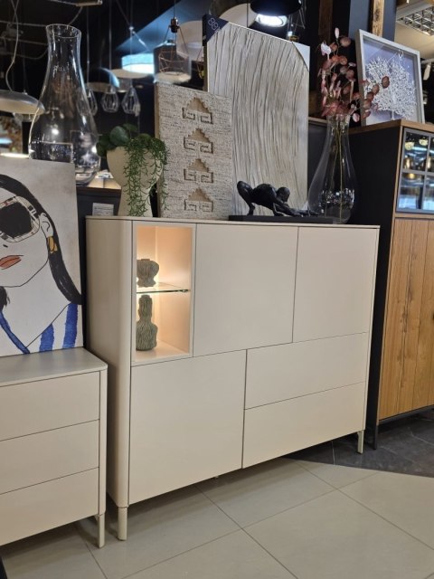 [R] Wysoka komoda Dressette Trentino 153 cm - Lakier Krem, LED, Push-to-Open