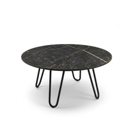 Stolik kawowy Brest 80 cm - optyka czarnego marmuru, HPL, czarne stalowe nogi
