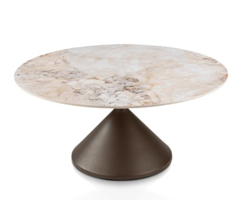 [fabrycznie nowy, na zamówienie] Okrągły Stolik Kawowy Avelli 90 cm – Ceramiczny Blat, Metalowa Podstawa Steelbrown