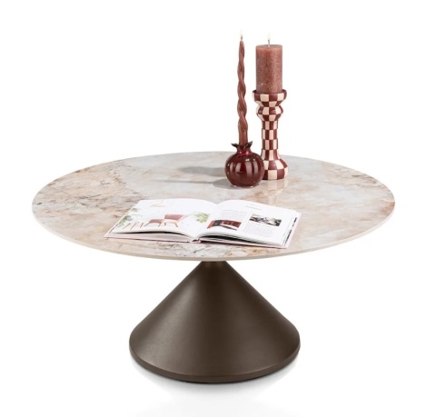 [fabrycznie nowy, na zamówienie] Okrągły Stolik Kawowy Avelli 90 cm – Ceramiczny Blat, Metalowa Podstawa Steelbrown