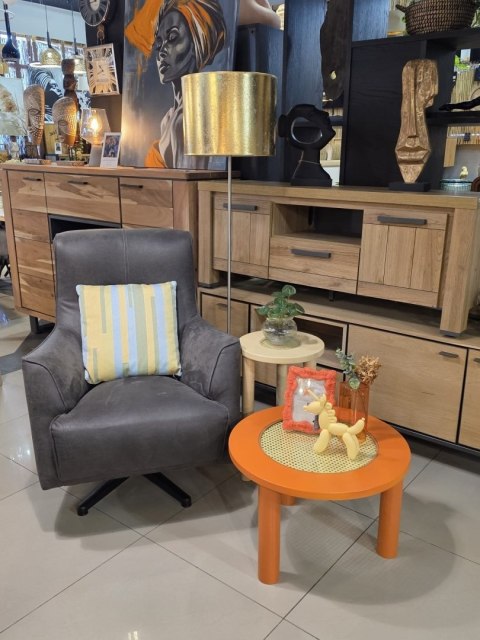 Stolik pomocniczy BARRY Ø35 cm - beżowy MDF, rattan, szkło, wys. 60 cm, COCO maison