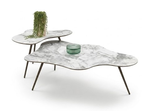 Designerski Komplet 2 Stolików Kawowych SALSA - COCO maison | Organiczne Blaty HPL (Jasny Marmur), Smukłe Metalowe Nóżki