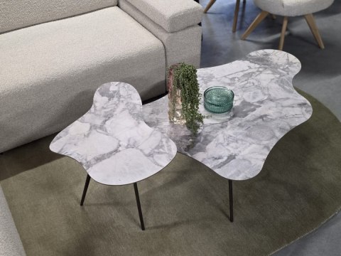 Designerski Komplet 2 Stolików Kawowych SALSA - COCO maison | Organiczne Blaty HPL (Jasny Marmur), Smukłe Metalowe Nóżki