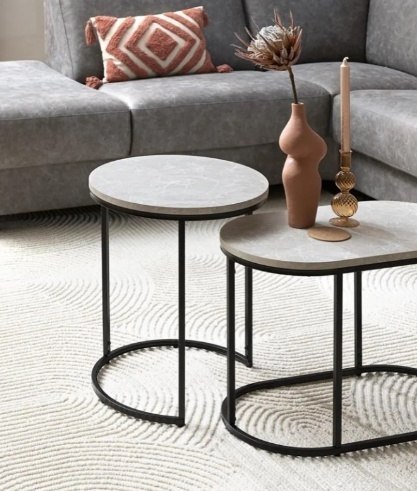 Designerski Stolik Pomocniczy LINA 46 cm - COCO maison | Szarobrązowy Blat z Efektem Marmuru, Czarny Metalowy Stelaż