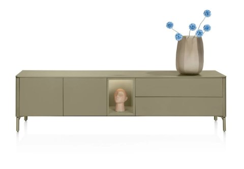 [K] Szafka RTV / Lowboard TRENTINO 211 cm - Lakierowany MDF w Kolorze Oliwkowym, System Push-to-Open, Oświetlenie LED