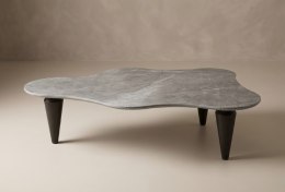 Stolik Kawowy VERONA 120 cm - Blat Ceramiczny Szary Marmur, Designerskie Drewniane Nogi, Profil Niski
