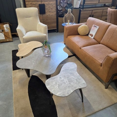 Stolik Kawowy VERONA 120 cm - Blat Ceramiczny Szary Marmur, Designerskie Drewniane Nogi, Profil Niski