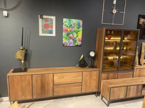 [K, defekt] Industrialna komoda TRAPANI 240 cm, fornir z mango 'smoked' na metalowej podstawie.