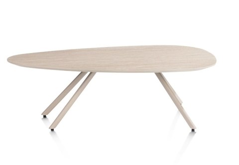 [K, od ręki] Organiczny Stolik Kawowy MINTOS 100 x 60 cm - Blat HPL Primo Laminato Travertin - Metalowe Nogi Chalk Beige