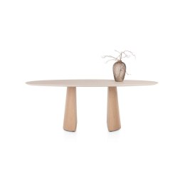 [K, od ręki] Owalny Stół Jadalniany ARAS 210 x 120 cm - Blat HPL Primo Laminato - Dwie Półstożkowe Nogi z Forniru Dębowego