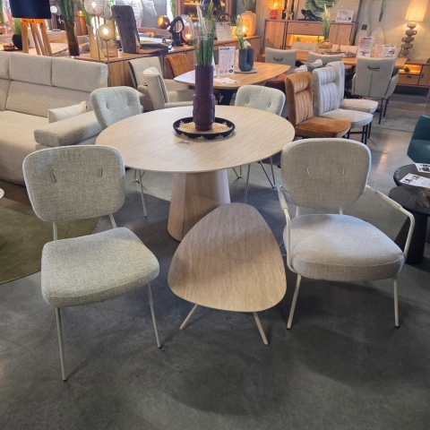 [K, od ręki] Owalny Stół ARAS 150 x 120 cm – Blat HPL Primo Laminato Travertin ( Stożkowa Noga Kolumnowa z Forniru Dębowego