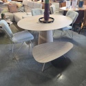 [K, od ręki] Owalny Stół ARAS 150 x 120 cm – Blat HPL Primo Laminato Travertin ( Stożkowa Noga Kolumnowa z Forniru Dębowego