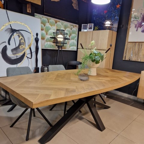 [R, od ręki] Owalny Stół Jadalniany METALUXE 240 x 110 cm - Blat z Forniru Dębowego we Wzór Jodełki - Noga Centralna