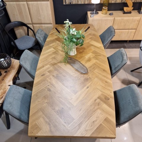 [R, od ręki] Owalny Stół Jadalniany METALUXE 240 x 110 cm - Blat z Forniru Dębowego we Wzór Jodełki - Noga Centralna