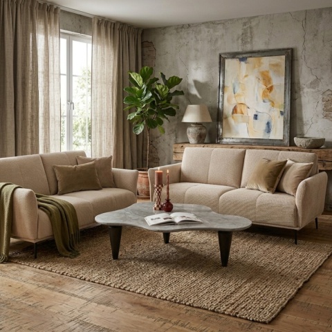 [od ręki] Sofa Dwuosobowa VENTO 180 cm – Sprężyny Kieszeniowe – Jasnobeżowa Tkanina Strukturalna – Czarne Metalowe Nóżki